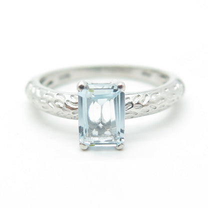 D'JOY 925 Sterling Silver Real Emerald-Cut Blue Topaz Engagement Ring Size 7