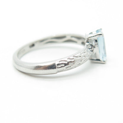 D'JOY 925 Sterling Silver Real Emerald-Cut Blue Topaz Engagement Ring Size 7