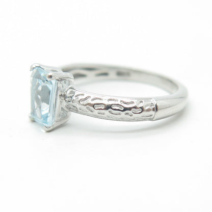 D'JOY 925 Sterling Silver Real Emerald-Cut Blue Topaz Engagement Ring Size 7
