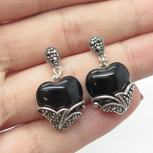 ROSS SIMONS 925 Sterling Silver Vintage Black Onyx & Marcasite Gem Earrings