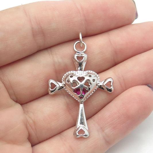 925 Sterling Silver Lab-Created Pink Sapphire Heart Cross Pendant