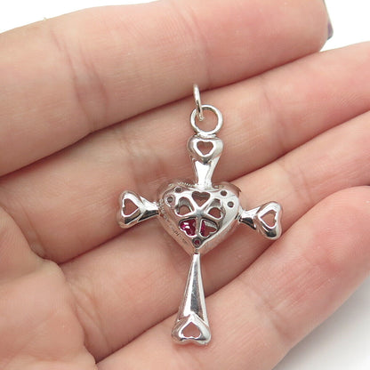 925 Sterling Silver Lab-Created Pink Sapphire Heart Cross Pendant