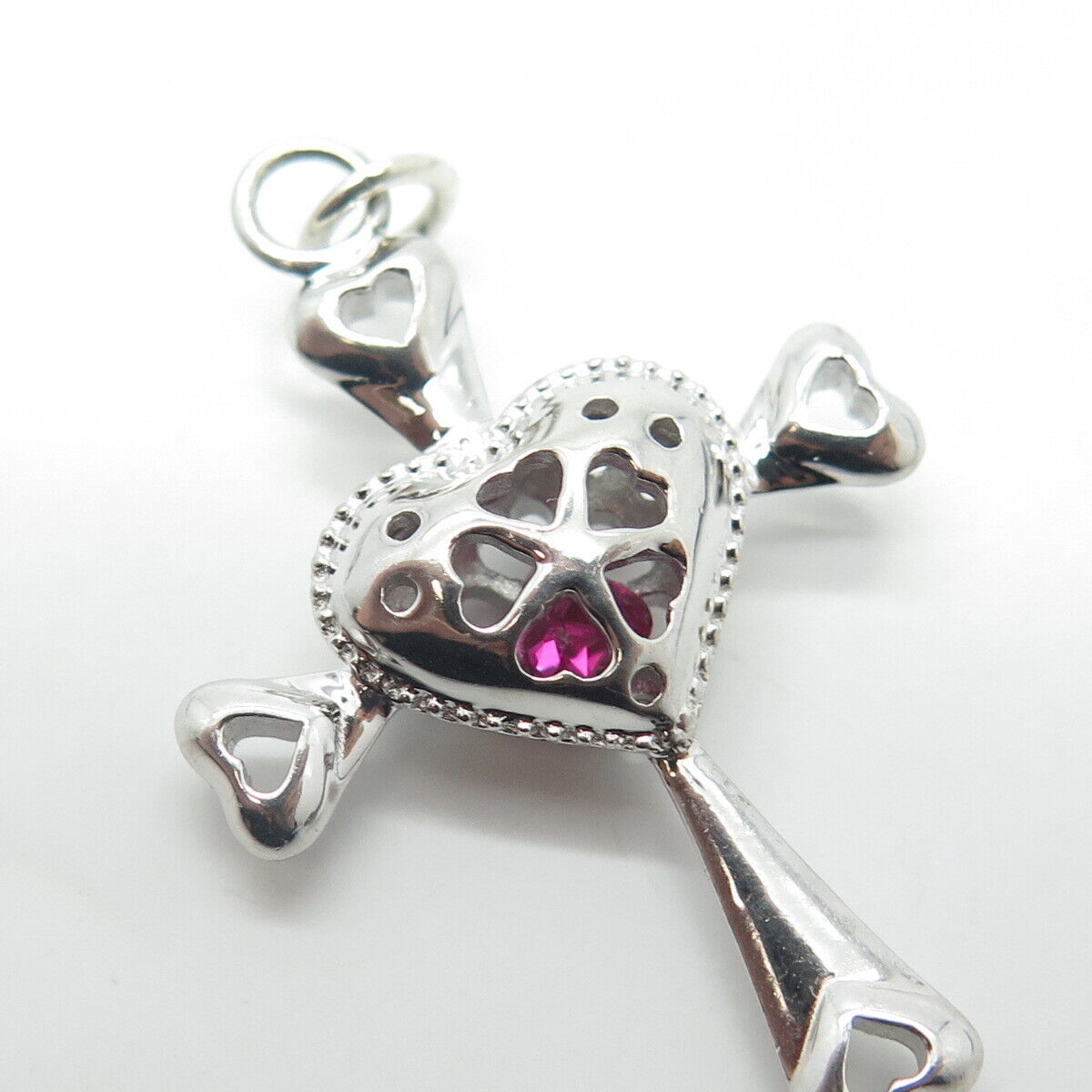 925 Sterling Silver Lab-Created Pink Sapphire Heart Cross Pendant