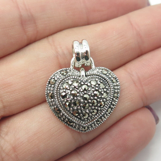 925 Sterling Silver Vintage Real Marcasite Cluster Heart Pendant