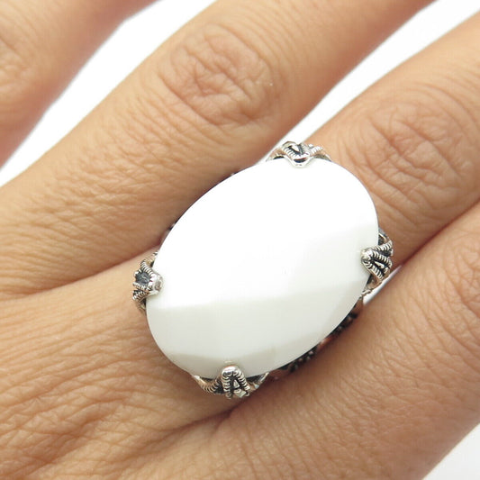 925 Sterling Silver Vintage Real White Onyx & Marcasite Statement Ring Size 8