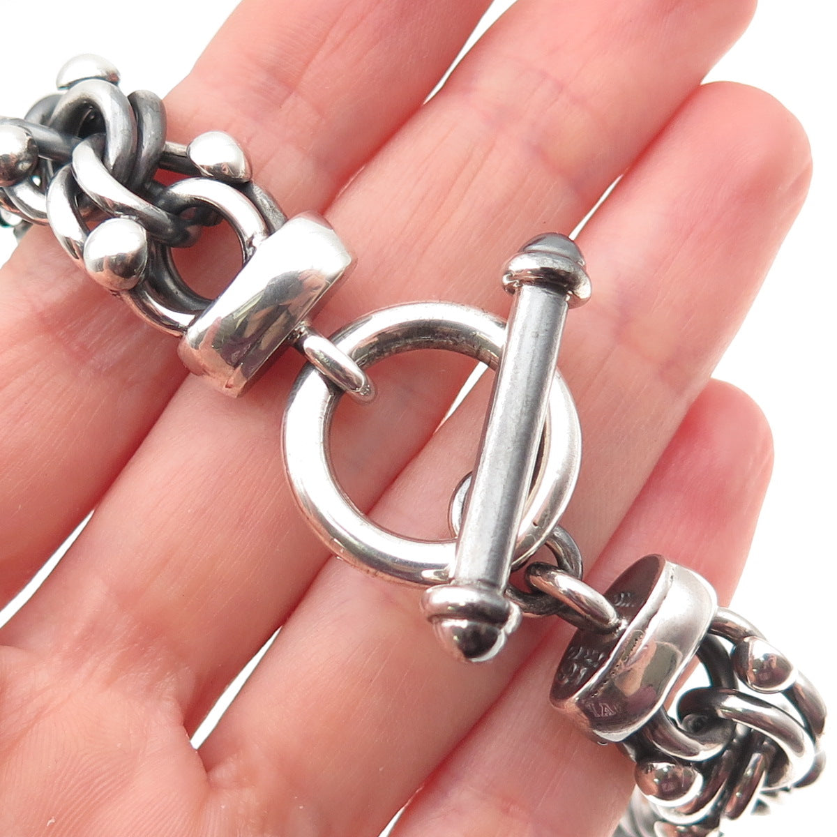 950 Silver Vintage Mexico Heavy 67.6g Bismark Link Oxidized Bracelet 7.5"