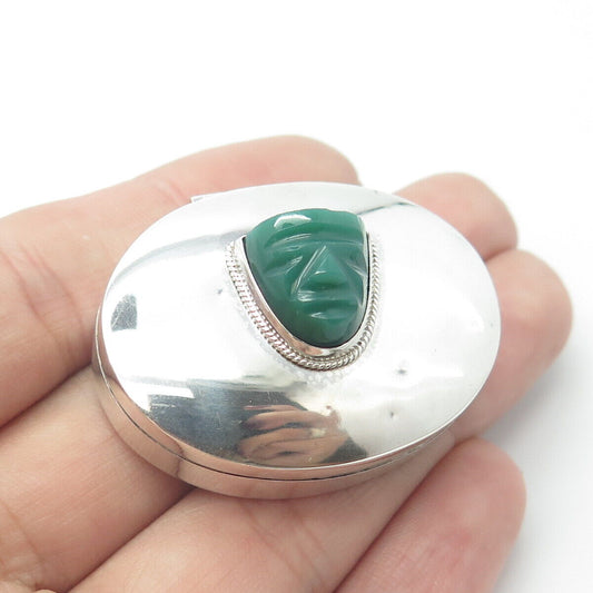 925 Sterling Silver Vintage Real Green Onyx Gemstone Tribal Face Box / Case