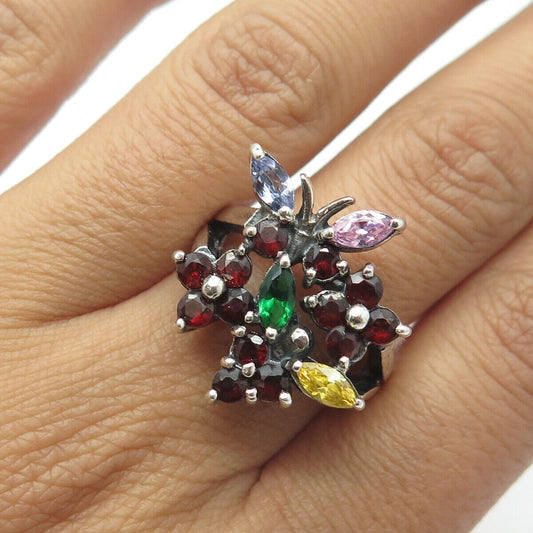 925 Sterling Silver Vintage Real Red Garnet & Multi-Color C Z Floral Ring Size 9