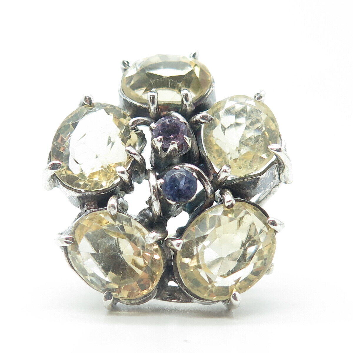 925 Sterling Silver Vintage Real Citrine Iolite & Amethyst Cocktail Ring Size 9