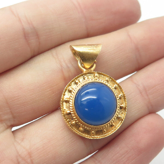 925 Sterling Silver Gold Plated Real Blue Chalcedony Round Pendant