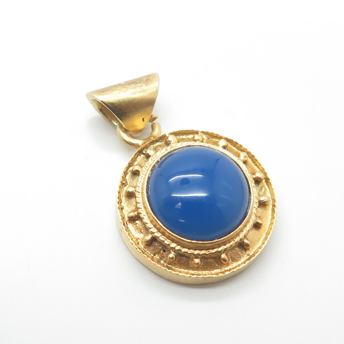 925 Sterling Silver Gold Plated Real Blue Chalcedony Round Pendant