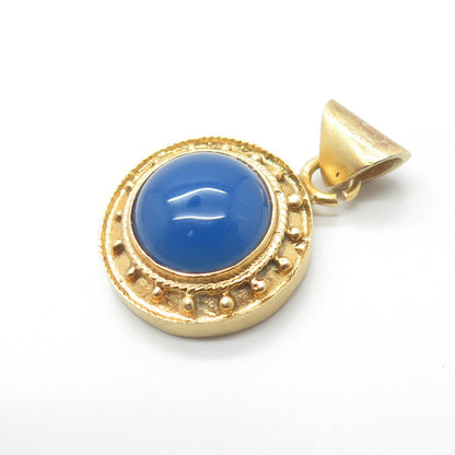 925 Sterling Silver Gold Plated Real Blue Chalcedony Round Pendant