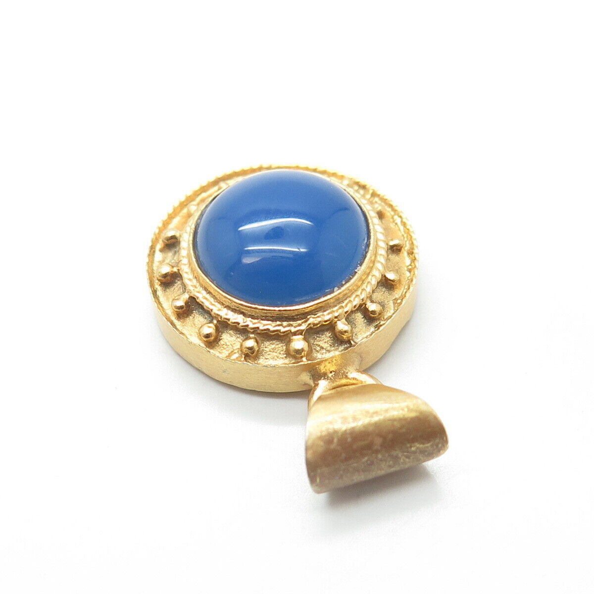 925 Sterling Silver Gold Plated Real Blue Chalcedony Round Pendant