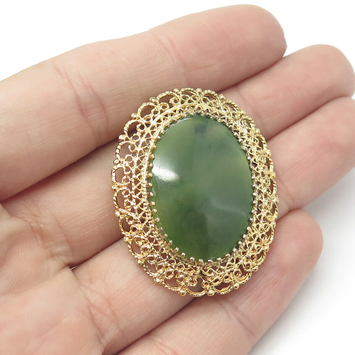 KAREN LYNNE 925 Sterling Silver Gold Plated Vintage Real Jade Pin Brooch Pendant