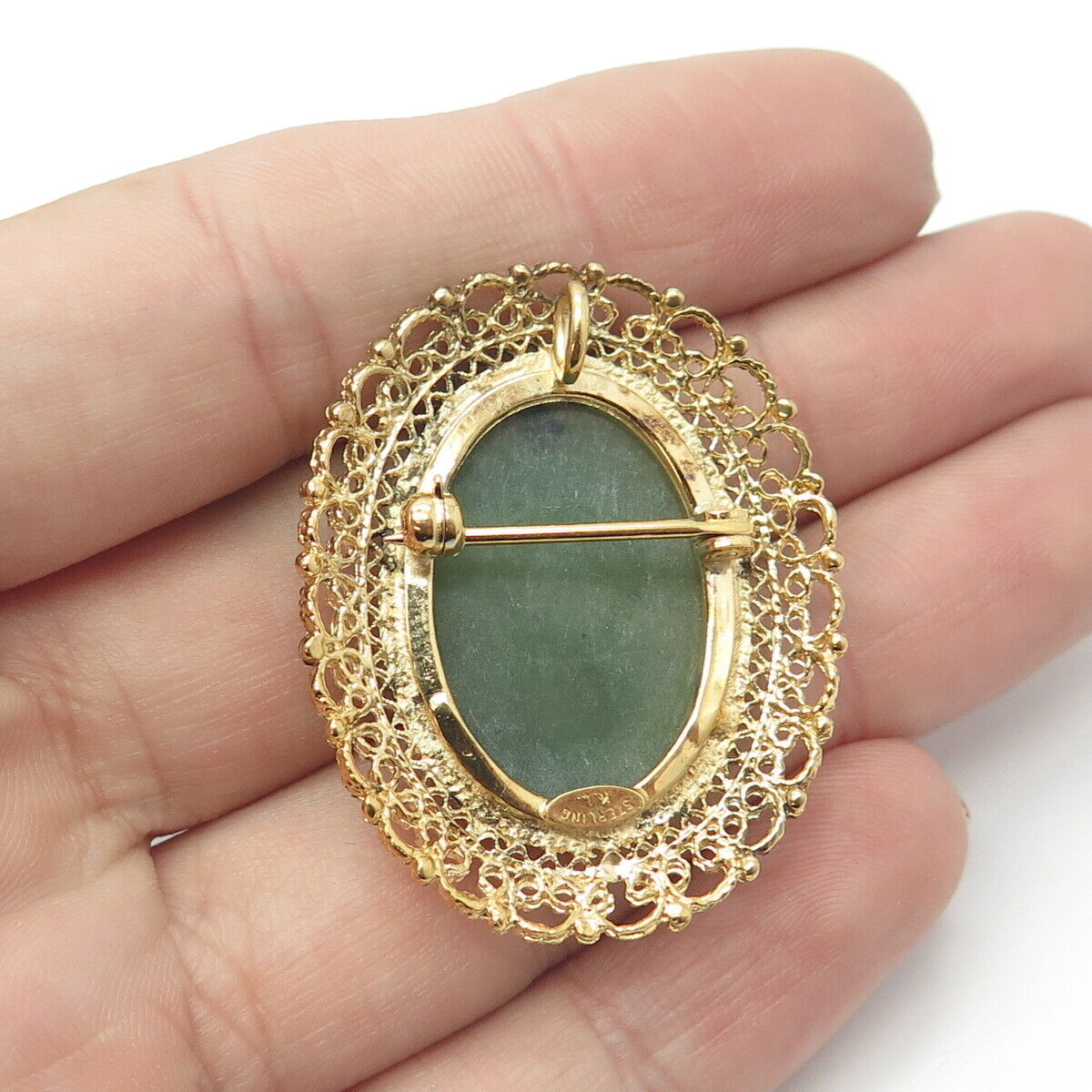 KAREN LYNNE 925 Sterling Silver Gold Plated Vintage Real Jade Pin Brooch Pendant