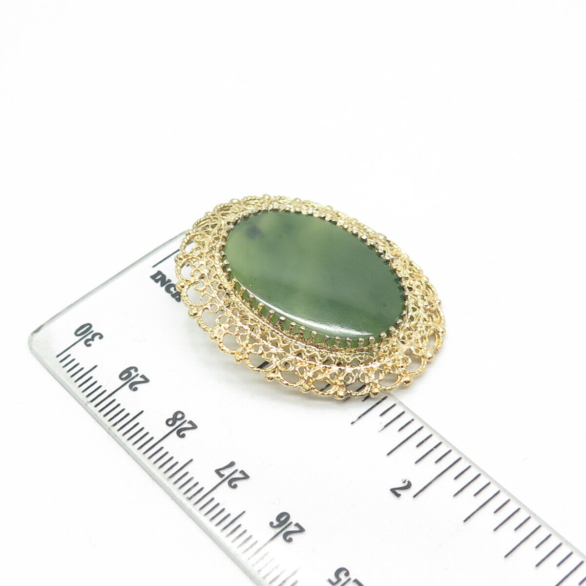 KAREN LYNNE 925 Sterling Silver Gold Plated Vintage Real Jade Pin Brooch Pendant