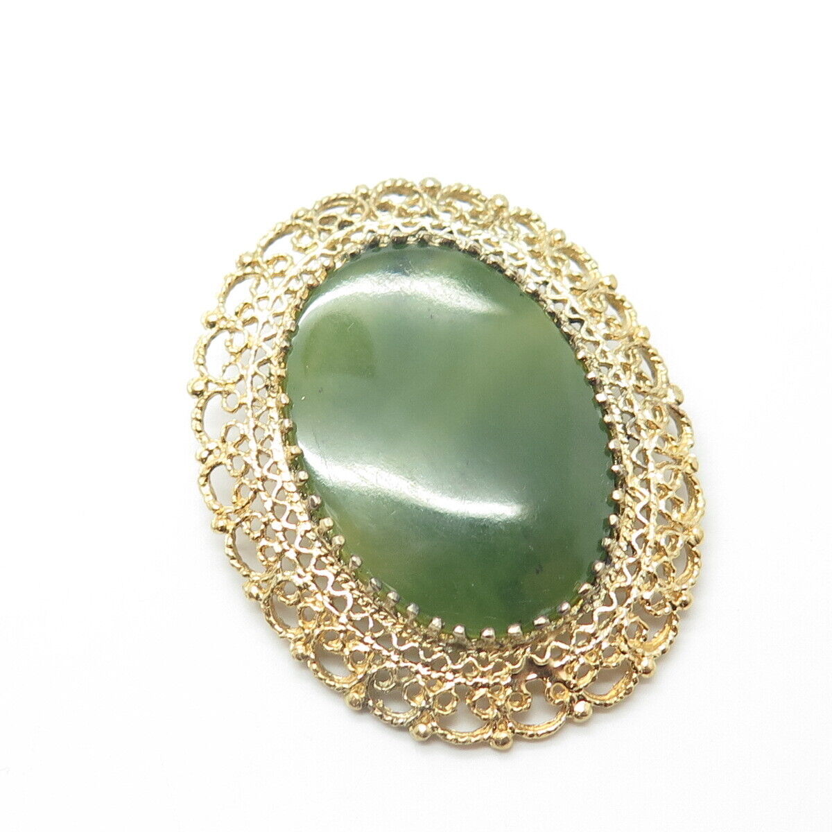 KAREN LYNNE 925 Sterling Silver Gold Plated Vintage Real Jade Pin Brooch Pendant