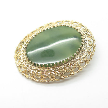 KAREN LYNNE 925 Sterling Silver Gold Plated Vintage Real Jade Pin Brooch Pendant