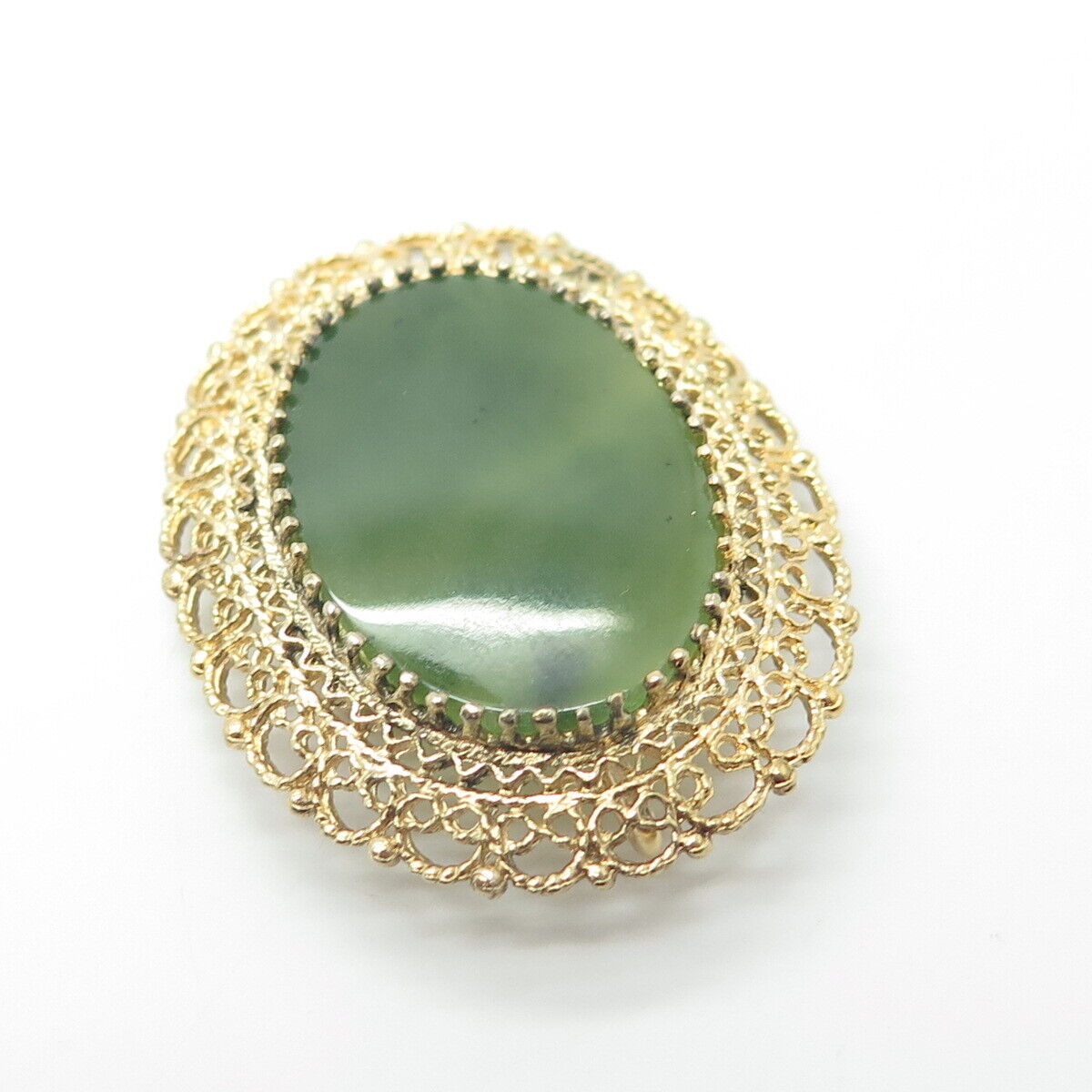 KAREN LYNNE 925 Sterling Silver Gold Plated Vintage Real Jade Pin Brooch Pendant