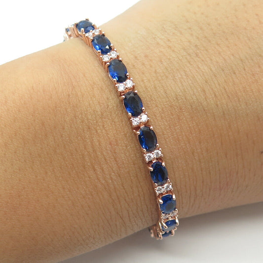 925 Sterling Silver Rose Gold Plated White & Blue C Z Tennis Link Bracelet 7"