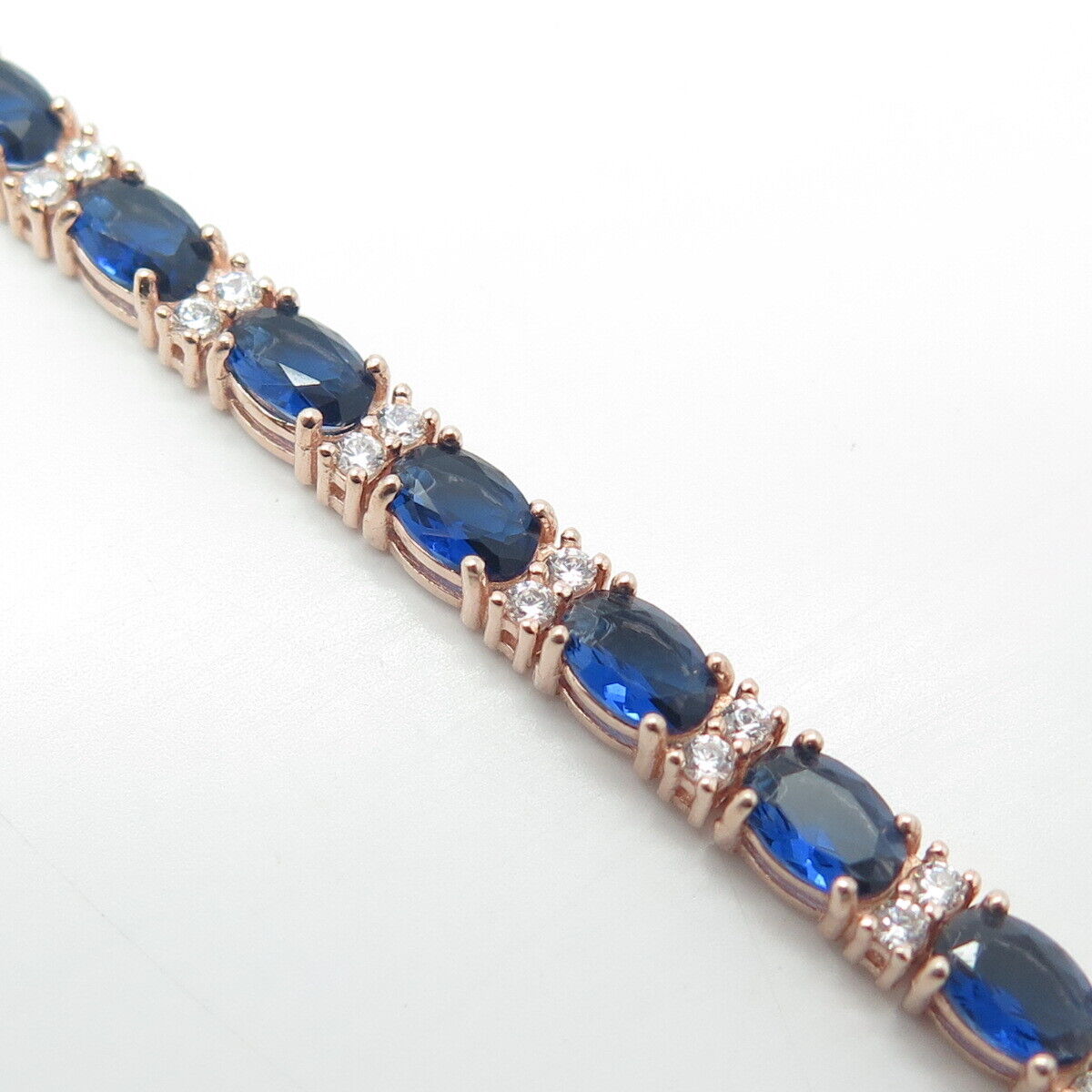 925 Sterling Silver Rose Gold Plated White & Blue C Z Tennis Link Bracelet 7"