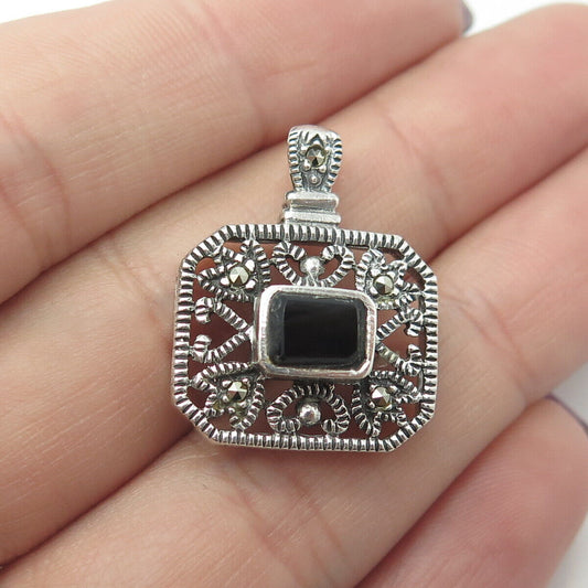 925 Sterling Silver Vintage Real Black Onyx & Marcasite Tulip Floral Pendant