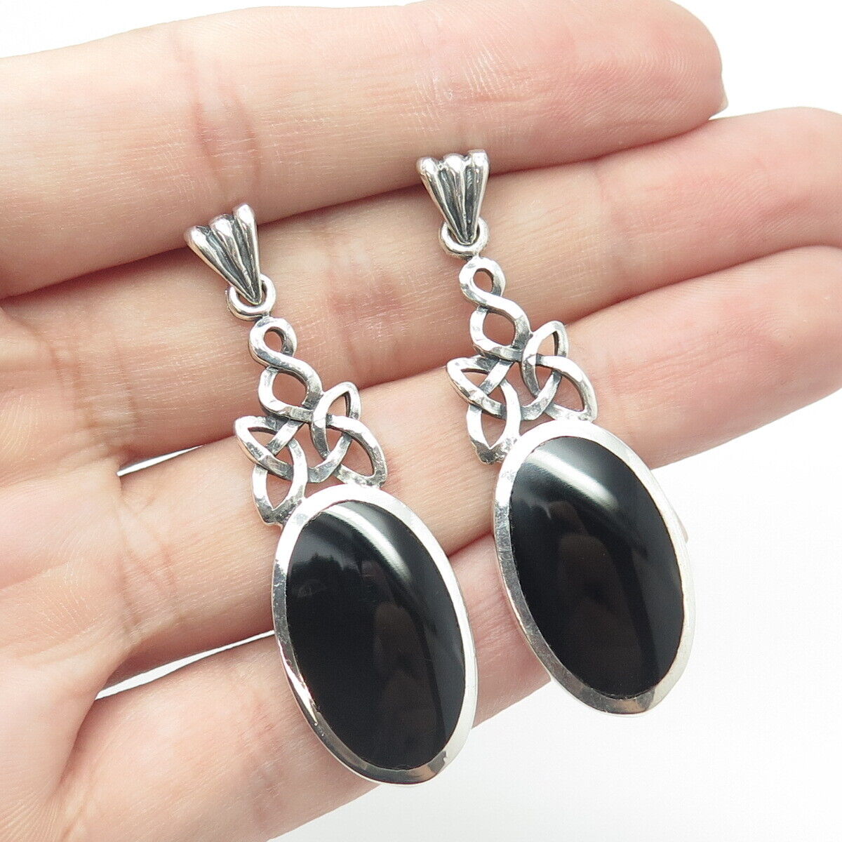 925 Sterling Silver Vintage Real Black Onyx Celtic Knot Dangling Earrings