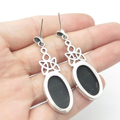 925 Sterling Silver Vintage Real Black Onyx Celtic Knot Dangling Earrings