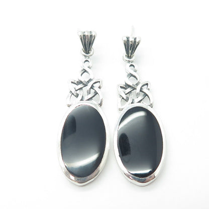 925 Sterling Silver Vintage Real Black Onyx Celtic Knot Dangling Earrings