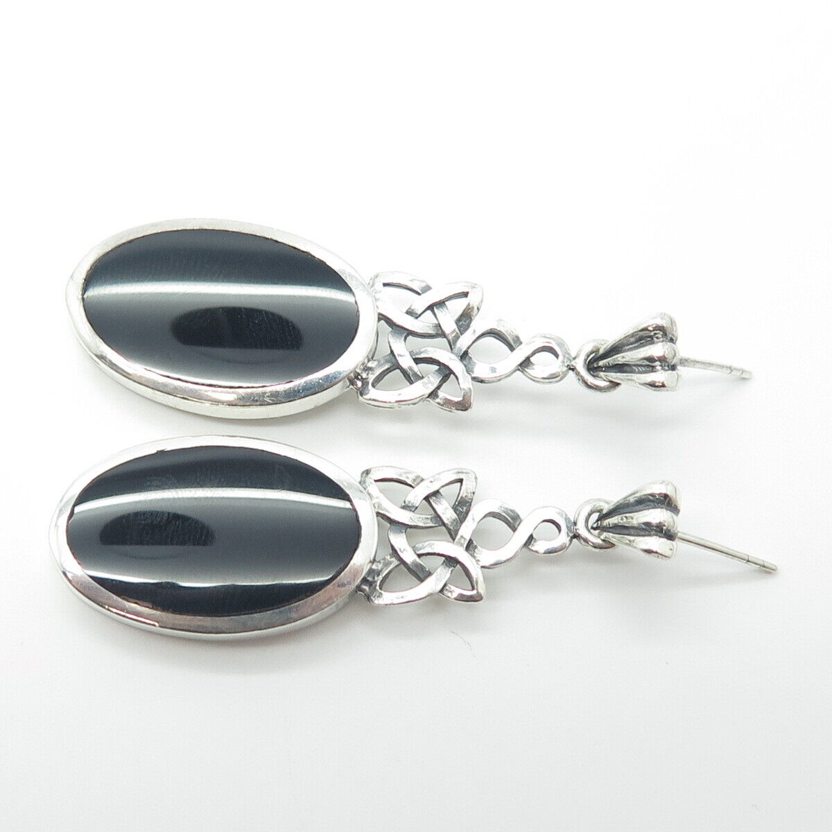 925 Sterling Silver Vintage Real Black Onyx Celtic Knot Dangling Earrings