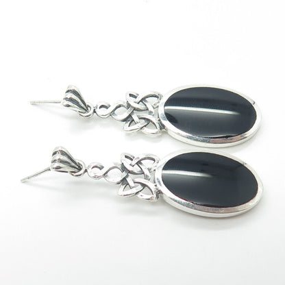 925 Sterling Silver Vintage Real Black Onyx Celtic Knot Dangling Earrings