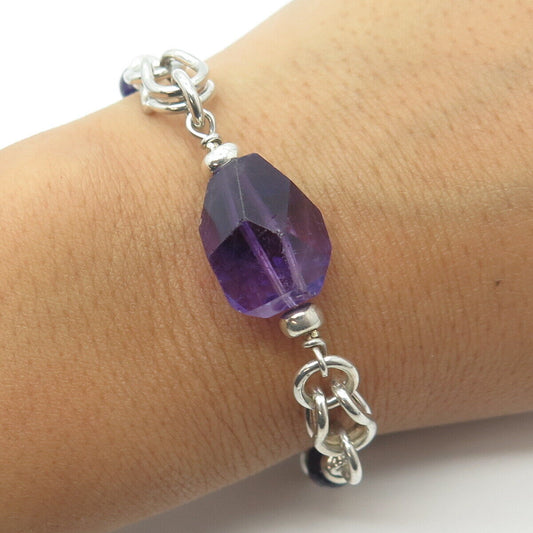 925 Sterling Silver Real Amethyst Multi-Link Bracelet 6.75"