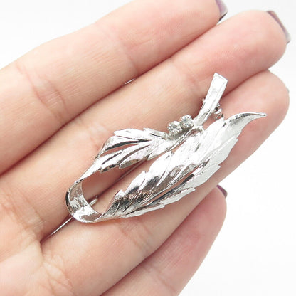 800 Silver Vintage White C Z Leaf Floral Pin Brooch #395