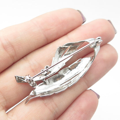 800 Silver Vintage White C Z Leaf Floral Pin Brooch #395