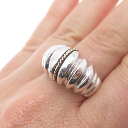 14K Gold 925 Sterling Silver Vintage Modernist Ribbed Oxidized Ring Size 11.75