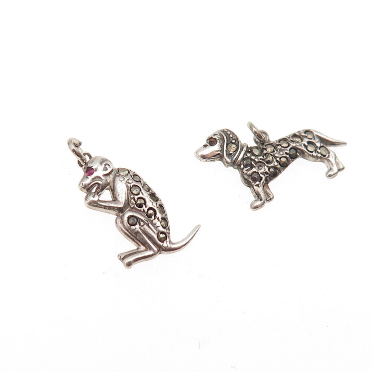 Sterling Antique Ruby Marcasite Dog Monkey SET of 2 Pendants (missing 4 stones)