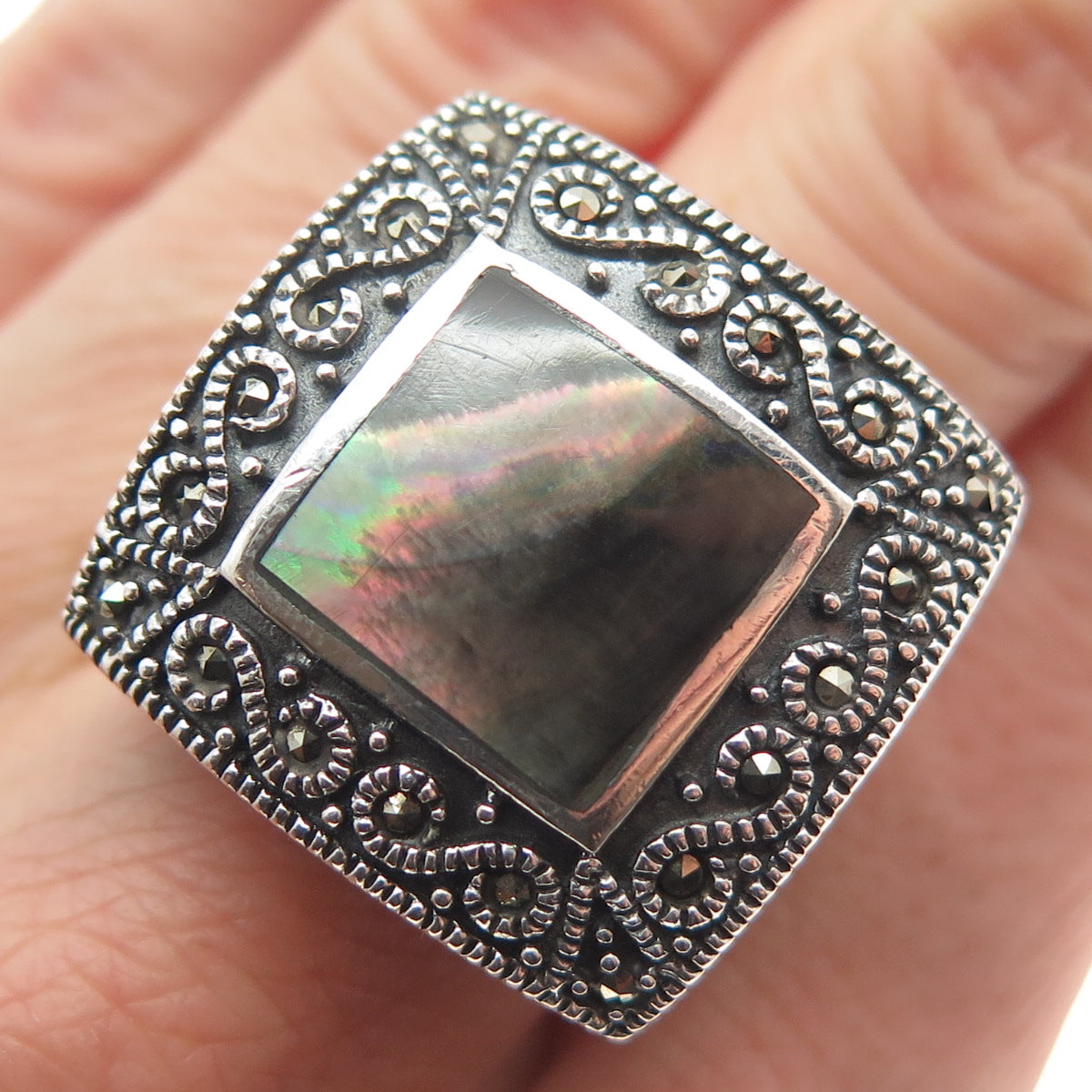 CHAPAL ZENRAY 925 Sterling Silver Abalone Shell & Marcasite Gem Wide Ring Size 7