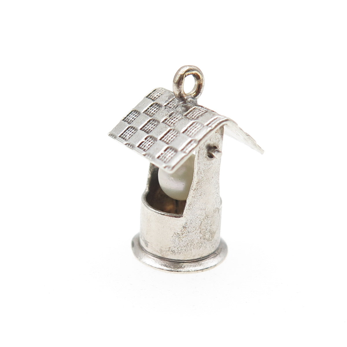 925 Sterling Silver Antique Art Deco Real Pearl Water Well Mini 3D Charm Pendant