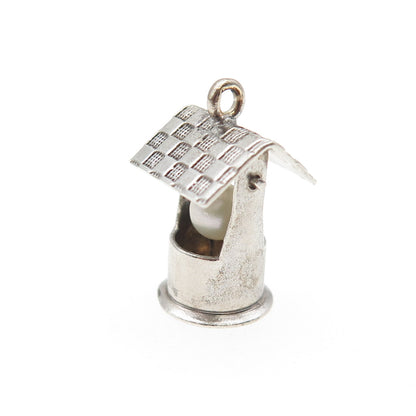 925 Sterling Silver Antique Art Deco Real Pearl Water Well Mini 3D Charm Pendant