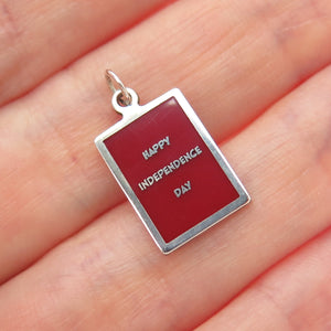 925 Sterling Silver Red Enamel Happy Independence Day Minimalist Charm Pendant