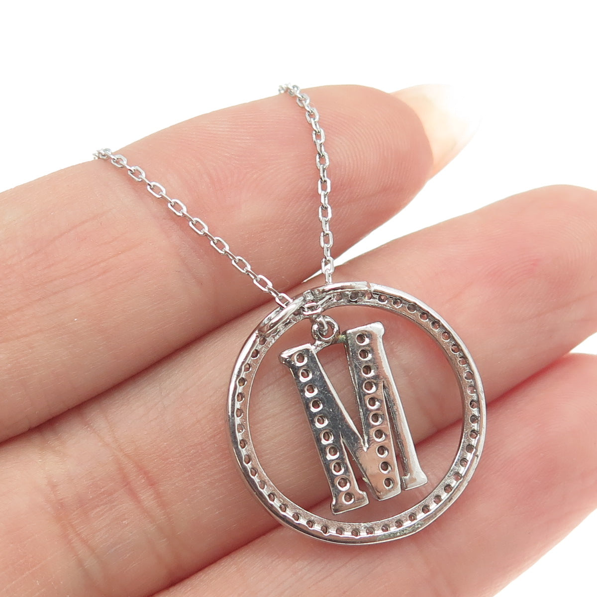 925 Sterling Silver Round-Cut C Z Letter "M" Initial Chain Necklace 16-18"