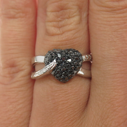 925 Sterling Silver Real Round-Cut Black Diamond Heart Ring Size 5.75