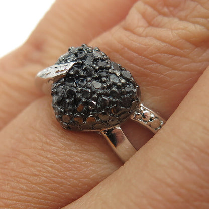 925 Sterling Silver Real Round-Cut Black Diamond Heart Ring Size 5.75