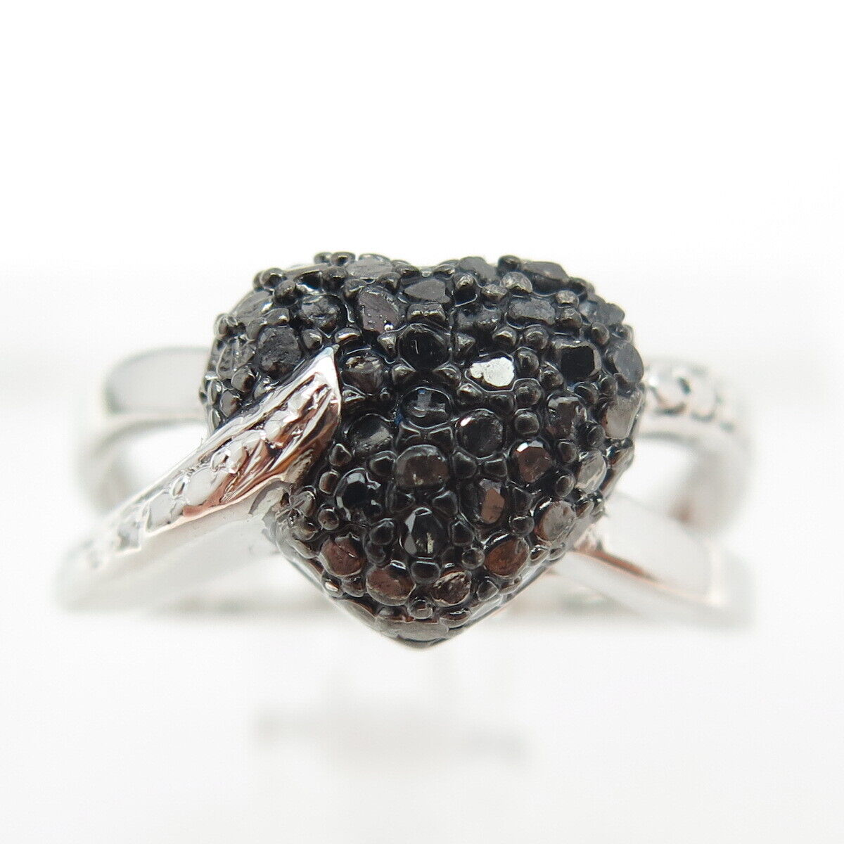 925 Sterling Silver Real Round-Cut Black Diamond Heart Ring Size 5.75