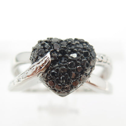 925 Sterling Silver Real Round-Cut Black Diamond Heart Ring Size 5.75