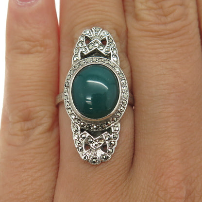 925 Sterling Silver Antique Art Deco Real Green Onyx & Marcasite Ring Size 6.25