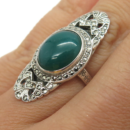 925 Sterling Silver Antique Art Deco Real Green Onyx & Marcasite Ring Size 6.25