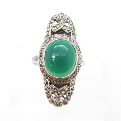 925 Sterling Silver Antique Art Deco Real Green Onyx & Marcasite Ring Size 6.25