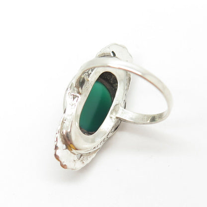 925 Sterling Silver Antique Art Deco Real Green Onyx & Marcasite Ring Size 6.25