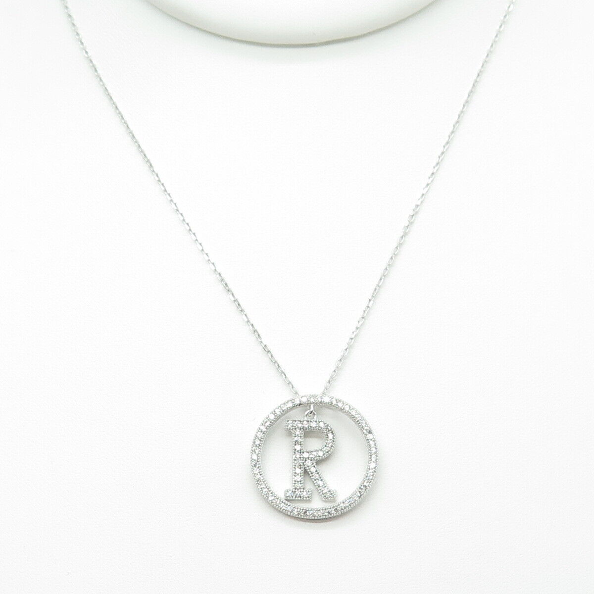 925 Sterling Silver Round-Cut C Z Letter "R" Initial Cable Chain Necklace 16-18"